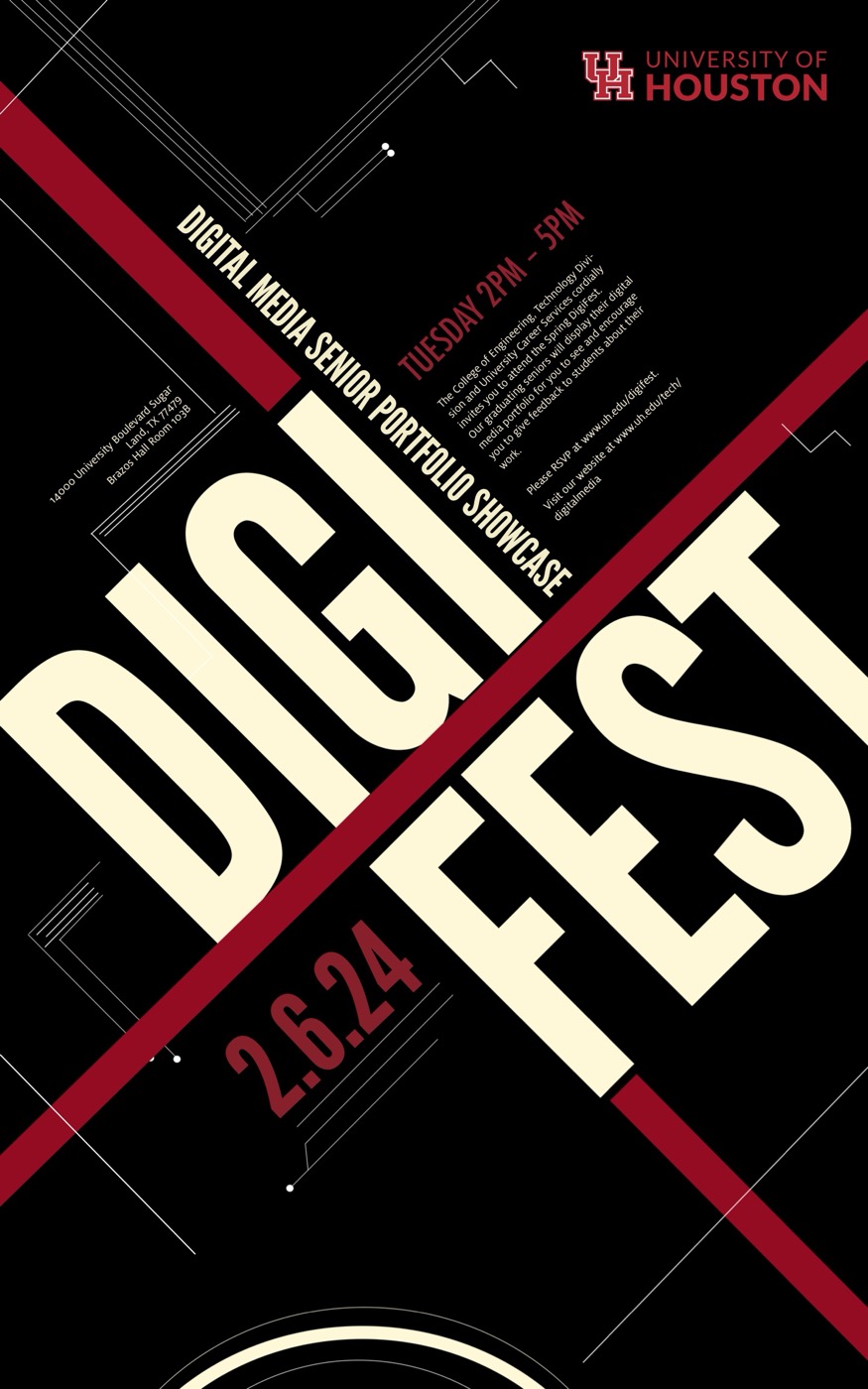 DIGI Fest poster: Digital Media Senior Portfolio Showcase, Tuesday 2.6.24, 2PM to 5PM