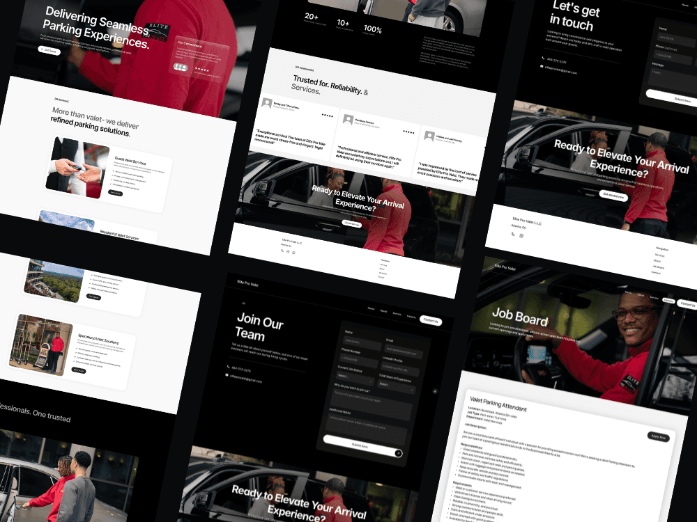 Collage of Elite Pro Valet pages: services, about, contact and job board