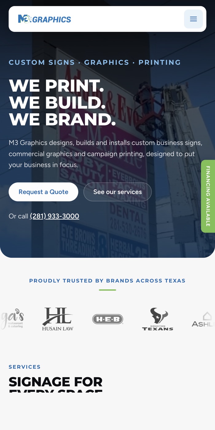 Redesigned M3 Graphics homepage on a phone