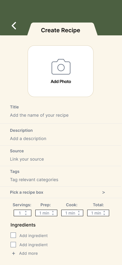 RecipeBox Pro create recipe screen