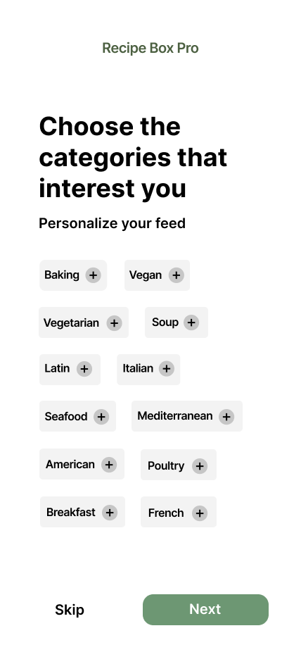 RecipeBox Pro category quiz screen