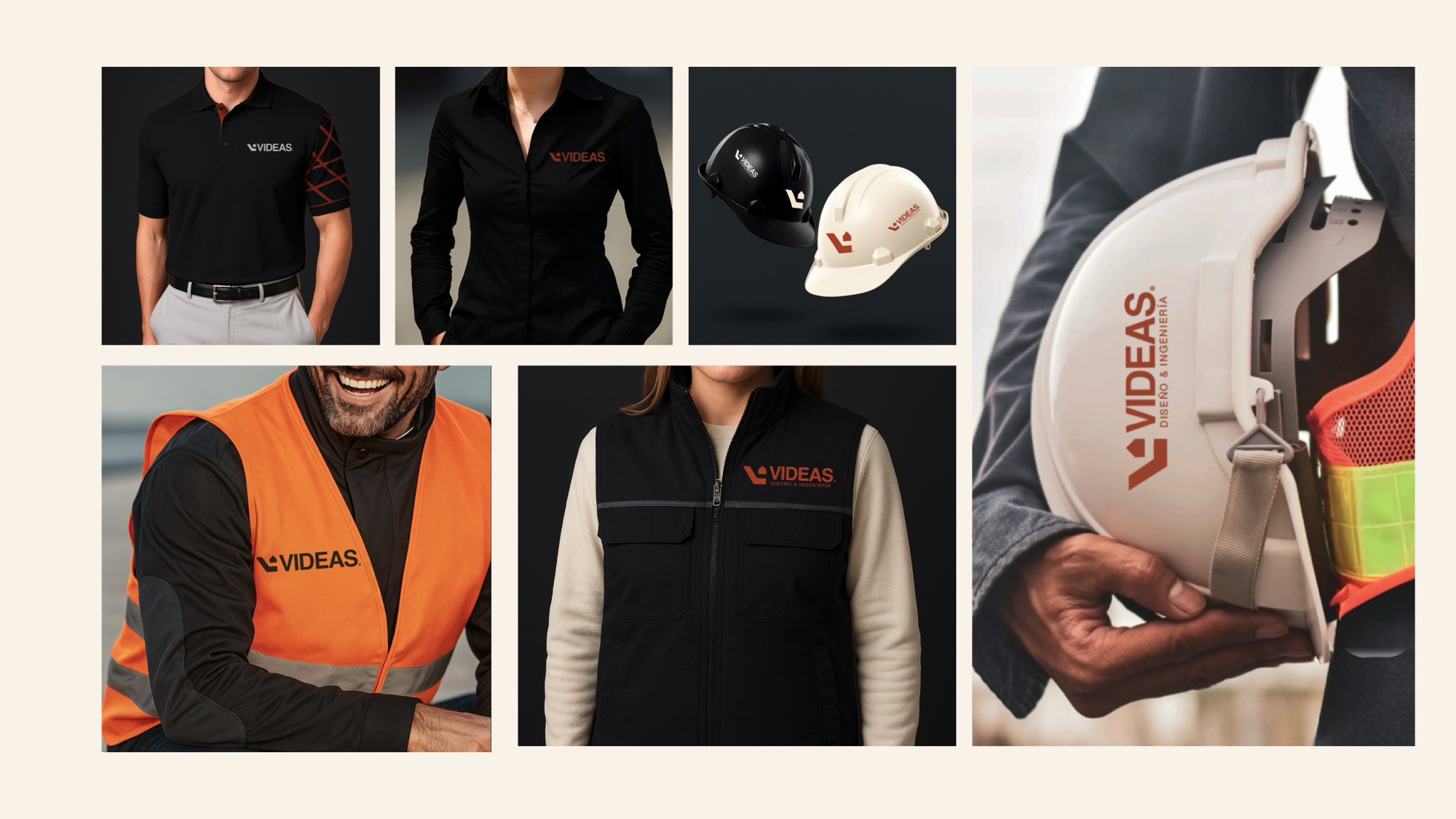Uniforms, caps and hard hats with the Videas logo