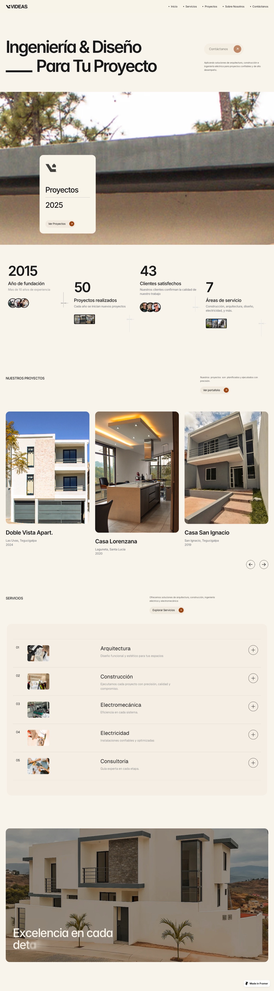 The live Videas website, scrolling from the hero through projects and services
