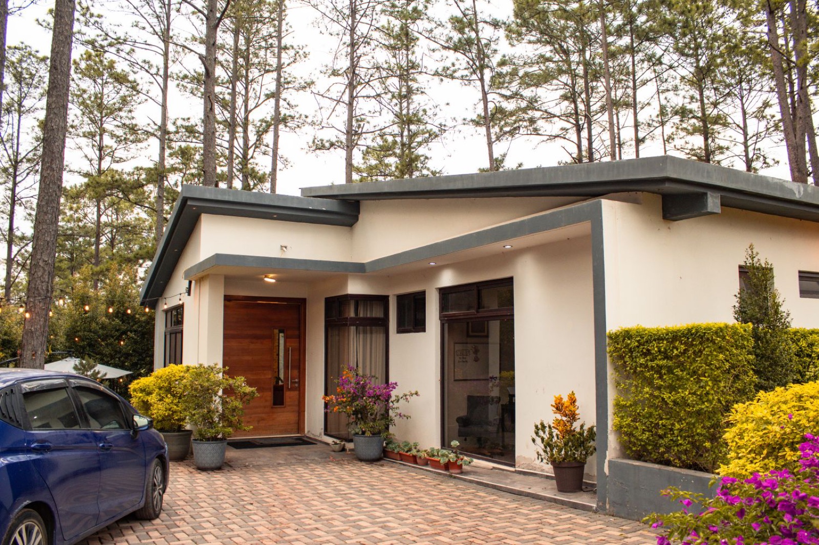 White house with a wood front door and gardens