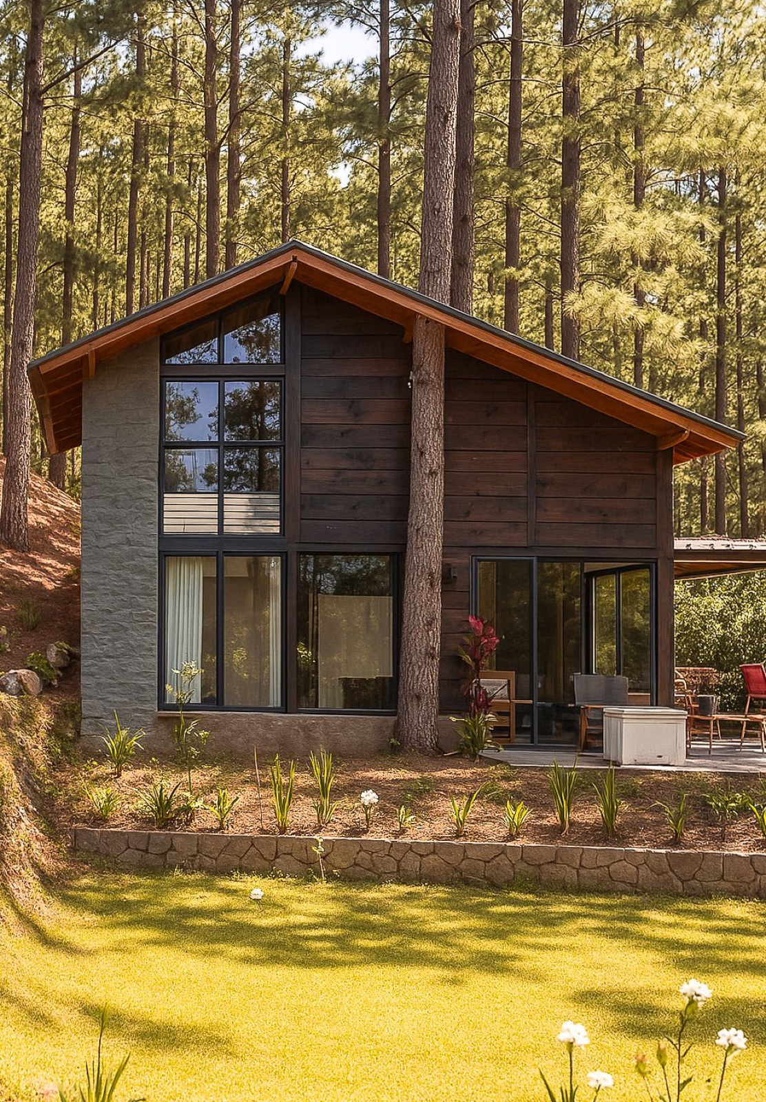 Dark wood cabin among tall pines