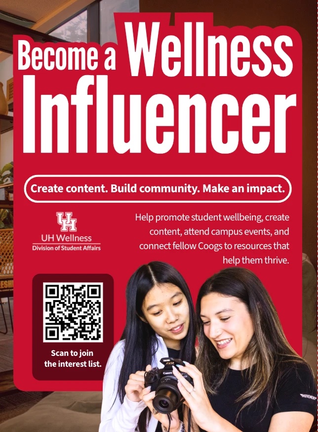 Recruitment poster: Become a Wellness Influencer. Create content, build community, make an impact. Scan to join the interest list.