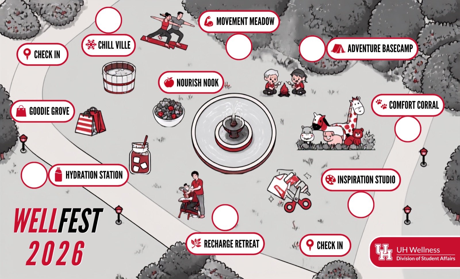 Illustrated WellFest map of Butler Plaza with activity zones
